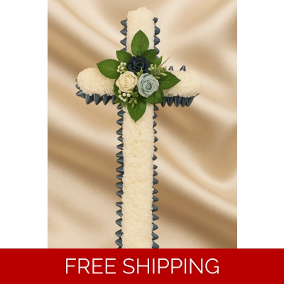 Mixed Blue Rose Cross Tribute – Artificial Funeral Flower Arrangement